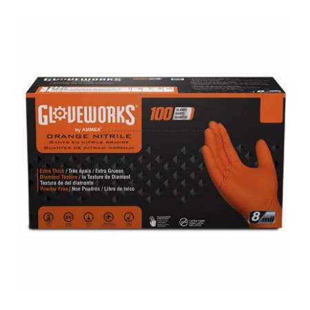 Ammex Disposable Gloves, 8 mil Palm, Nitrile, Powder-Free, 2XL, Orange GWON49100